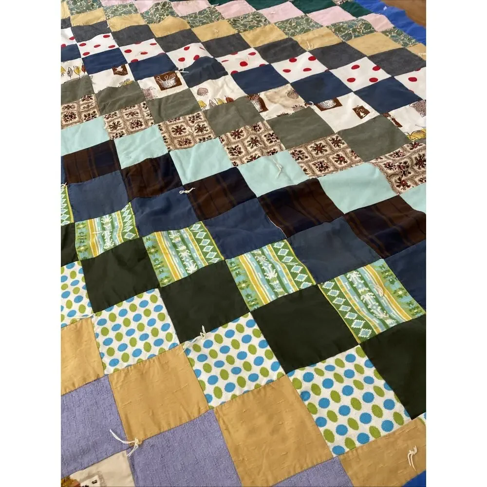 VINTAGE Handmade Patchwork Quilt Blanket Boho Hippie Cottage 70X 50 READ Flaw